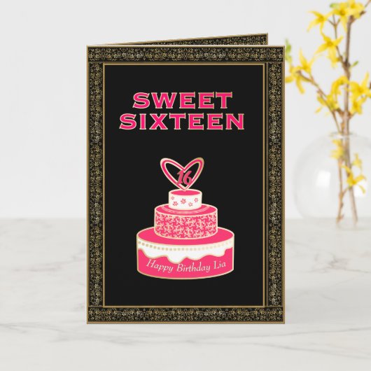  bloemig zwart roze gouden taart zoet zestien kaart