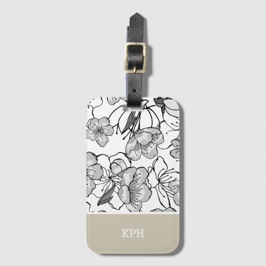 Bloemig zwart, wit en bruin met monogram bagagelabel (Voorkant (verticaal))