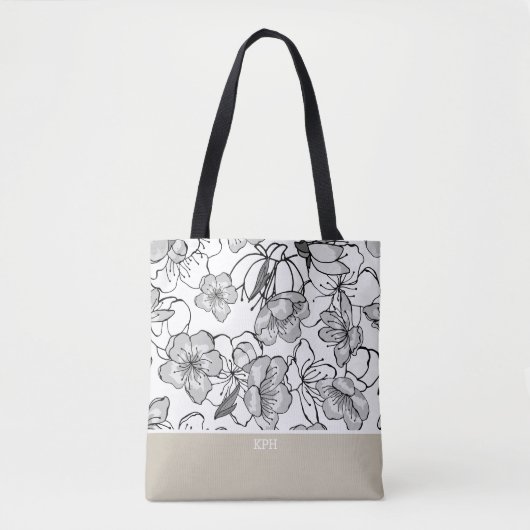 Bloemig zwart, wit en bruin met monogram tote bag (Voorkant)