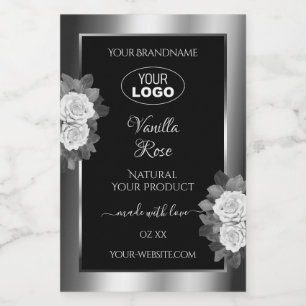Bloemig Zwart Zilver Productlabel Witte Rozen Logo Voedselcontainer Etiket
