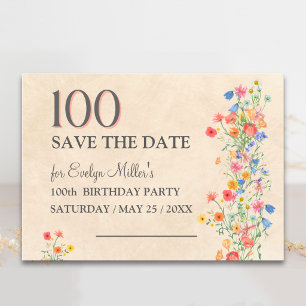 Bloemige 100e verjaardag – Elegante wilde bloemen Save The Date