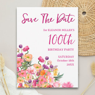 Bloemige 100e verjaardag Save the Date - Elegant 1 Aankondigingskaart