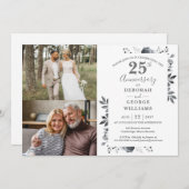 Bloemige 25e trouwdag Then & Now 2 foto Kaart (Voorkant / Achterkant)