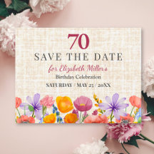 Bloemige 70e verjaardag save the date - tuinfeest
