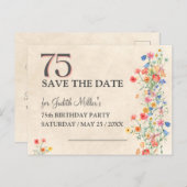 Bloemige 75e verjaardag – Elegante Bewaar de Datum Aankondigingskaart (Voorkant / Achterkant)
