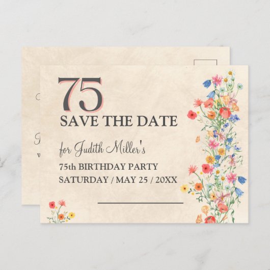 Bloemige 75e verjaardag – Elegante Bewaar de Datum Aankondigingskaart (Voorkant / Achterkant)