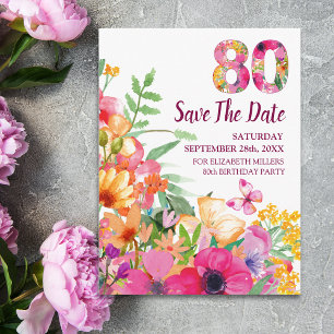 Bloemige 80e verjaardag Save The Date, Elegant 80 Aankondigingskaart
