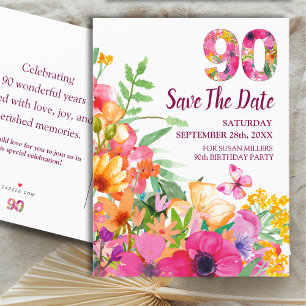 Bloemige 90e verjaardag Save The Date, Elegante 90 Aankondigingskaart