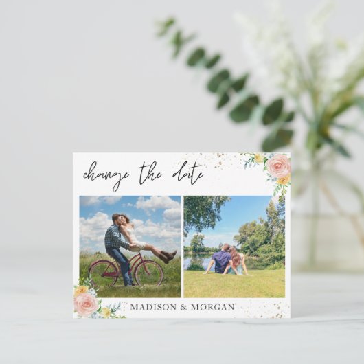 Bloemige aangepaste foto's Wijzig de datum Aankondigingskaart (Staand voorkant)