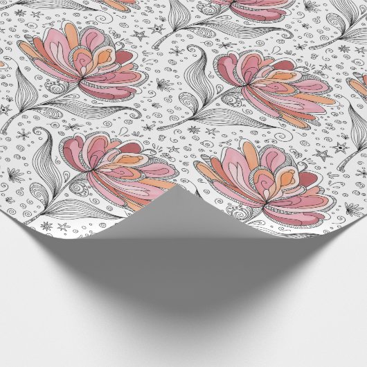 Bloemige Abstracte Doodle Kunststijl Roze Perzik Cadeaupapier (Hoek)