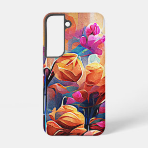 Bloemige abstracte kunst oranje rood blauwe bloeme samsung galaxy hoesje