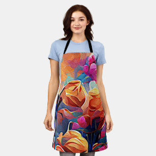 Bloemige Abstracte Kunst Oranje Rood Blauwe Bloeme Schort