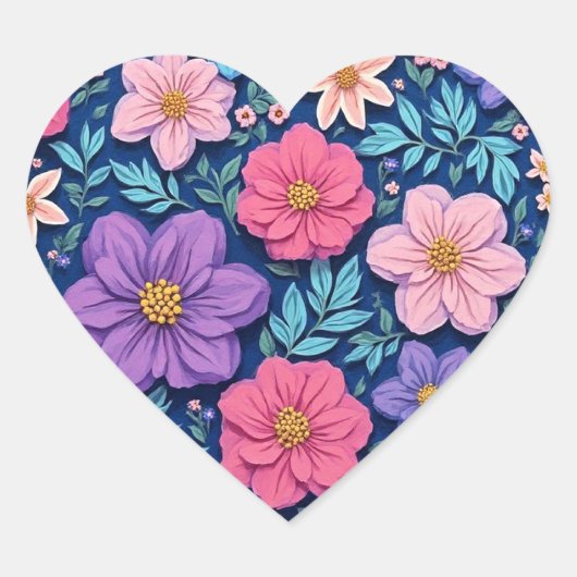 Bloemige achtergrond, roze en paars, hart sticker (Voorkant)