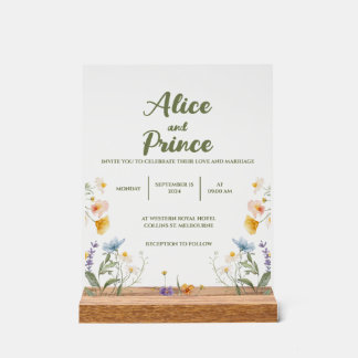 Bloemige acryl huwelijksbord met houten standaard bord