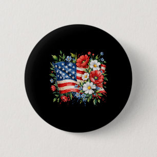 Bloemige Amerikaanse Vlag Bloemen 4 Juli Patriotti Ronde Button 5,7 Cm
