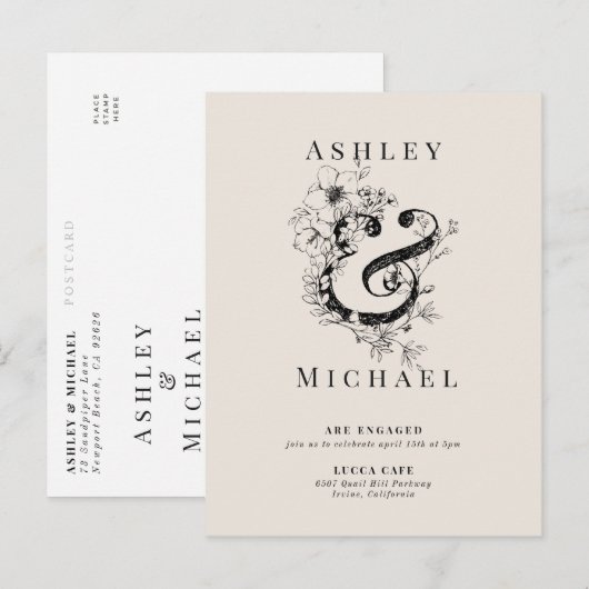 BLOEMIGE AMPERSAND Blush Huwelijksverlovingsfeest Aankondigingskaart (Voorkant / Achterkant)