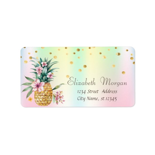 Bloemige Ananas Confetti Holografisch Iriserend Etiket (Voorkant)