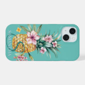 Bloemige Ananas Mint Groen iPhone 15 Case (Achterkant horizontaal)