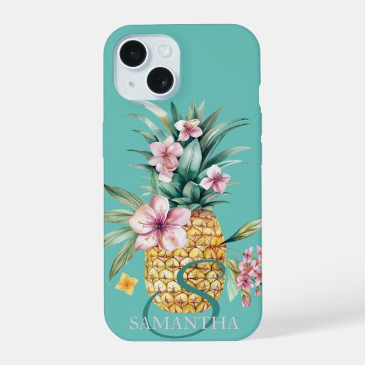 Bloemige Ananas Mint Groen iPhone 15 Case (Achterkant)