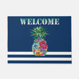 Bloemige Ananas Zeevaart Navy Blauwe Gestreepte Deurmat