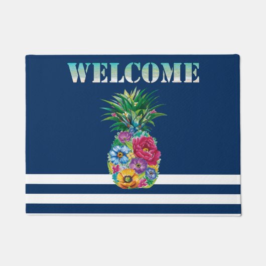 Bloemige Ananas Zeevaart Navy Blauwe Gestreepte Deurmat (Voorkant)