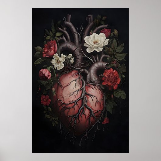 Bloemige anatomische afdruk van het menselijk hart poster (Voorkant)