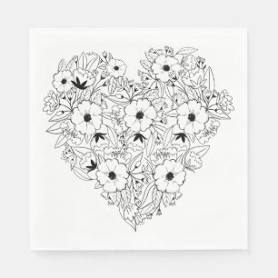Bloemige Anemoon Zwart & Witte Hart Bloem Bruiloft Servet