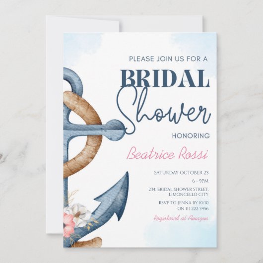 Bloemige anker streep bruidsmeisjersfeestje kaart (Voorkant)