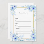 Bloemige Aquarel Blauw Gouden Uitnodiging In te Vu (Voorkant / Achterkant)
