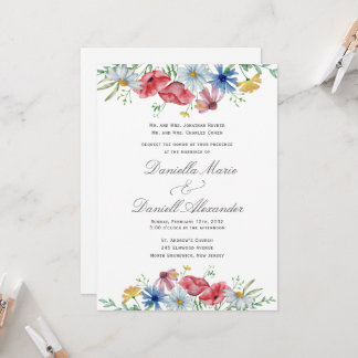 Bloemige Aquarel Kerk Huwelijksuitnodiging Kaart