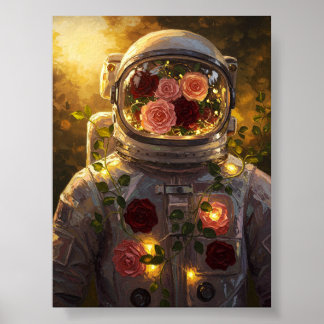 Bloemige astronaut | Surrealistisch olieverfschild Poster