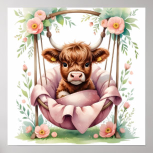 Bloemige Baby Highland Koe Kinderkamer Print