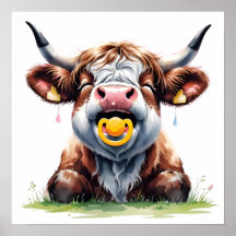 Bloemige Baby Highland Koe Poster met Roze Tint