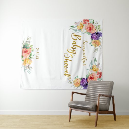 Bloemige Baby Shower Gouden Achtergrond Fotobooth Wandkleed (In Situ (horizontaal))