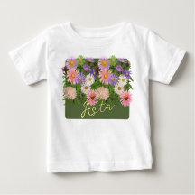 Bloemige baby top t-shirt Roze Asters & haar naam