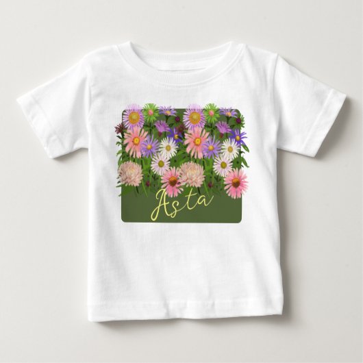 Bloemige baby top t-shirt Roze Asters & haar naam (Voorkant)