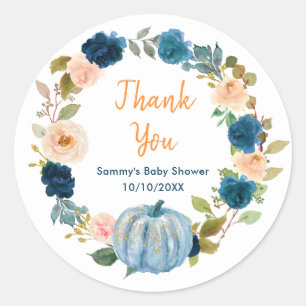 Bloemige babyblauwe pompoen babyshower dankjewel ronde sticker