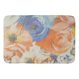 Bloemige badmat - Blauw, Oranje, Beige