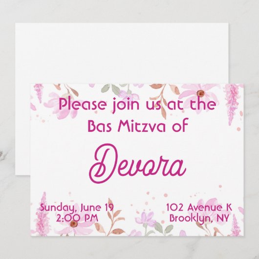 Bloemige Bas mitzva Kaart (Voorkant / Achterkant)