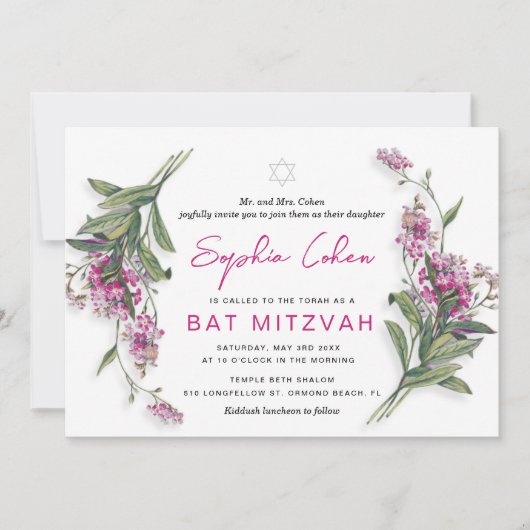 Bloemige Bat Mitzvah-uitnodiging Botanisch Kaart (Voorkant)