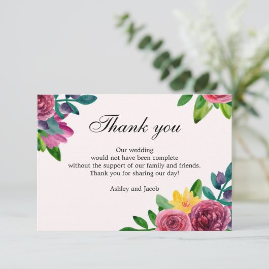 Bloemige bedankt. Waterverf bloemen bruiloft brief Kaart (Staand voorkant)