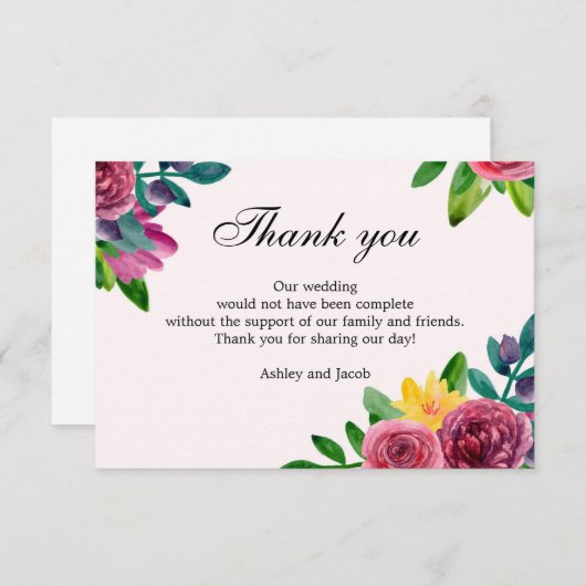 Bloemige bedankt. Waterverf bloemen bruiloft brief Kaart (Voorkant / Achterkant)