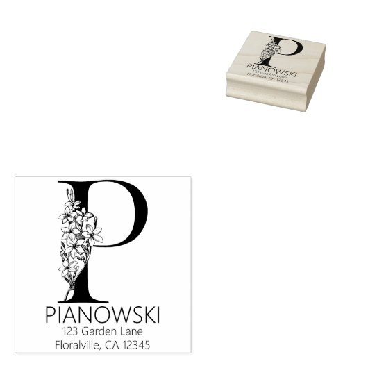Bloemige beginletter - P - Retouradres Monogram Rubberstempel (Gestempeld)