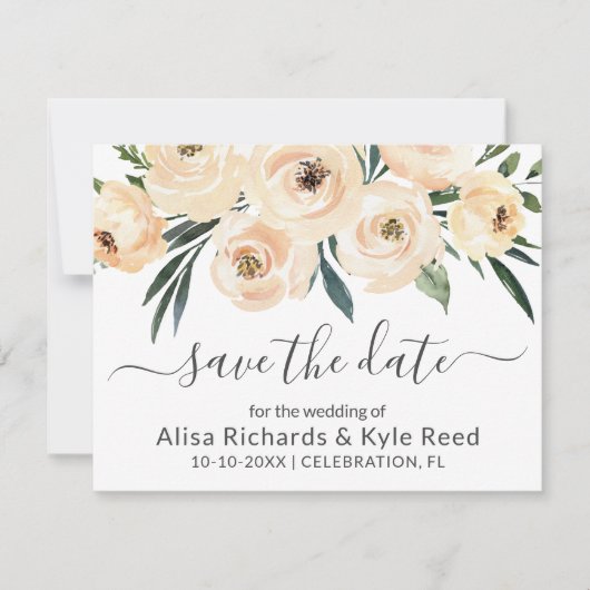 Bloemige Beige Blush Rozen Goud Save the Date Aankondiging (Voorkant)