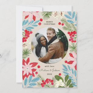 Bloemige beige kerstkaart