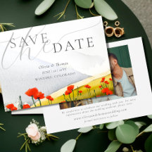 Bloemige bergklaproos trouwfoto save the date