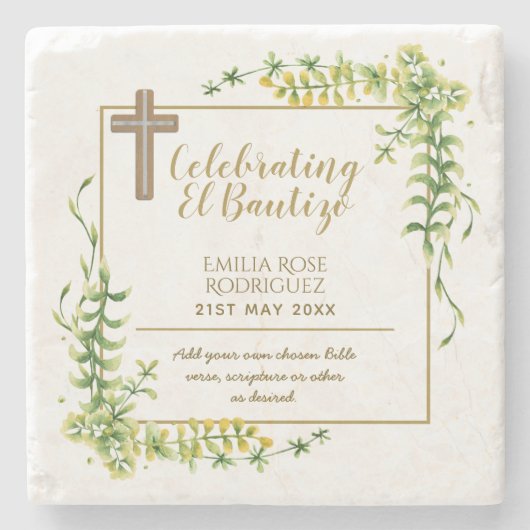 Bloemige bladBautizo Bautismo Doopnaamverzen Stenen Onderzetter (Voorkant)