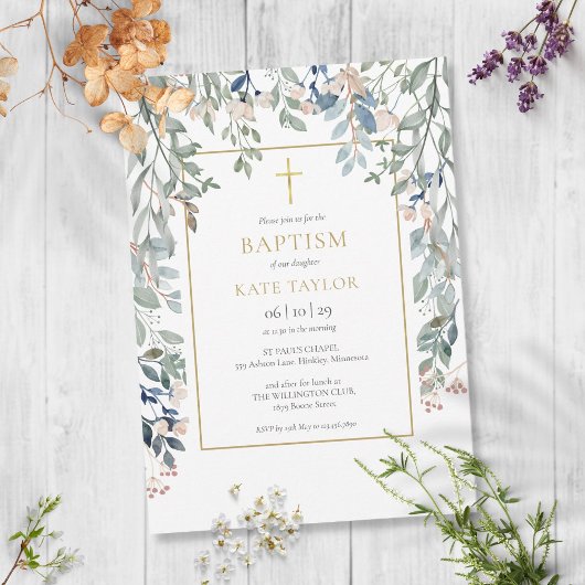 Bloemige Bladeren Elegante Gouden Doop Doopfeest Kaart