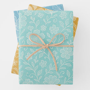 Bloemige Bladeren Kunstpatroon Op Turquoise Blauw Inpakpapier Vel