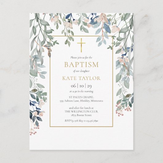 Bloemige bladgoudkruisdoop Christening Uitnodiging Briefkaart (Voorkant)